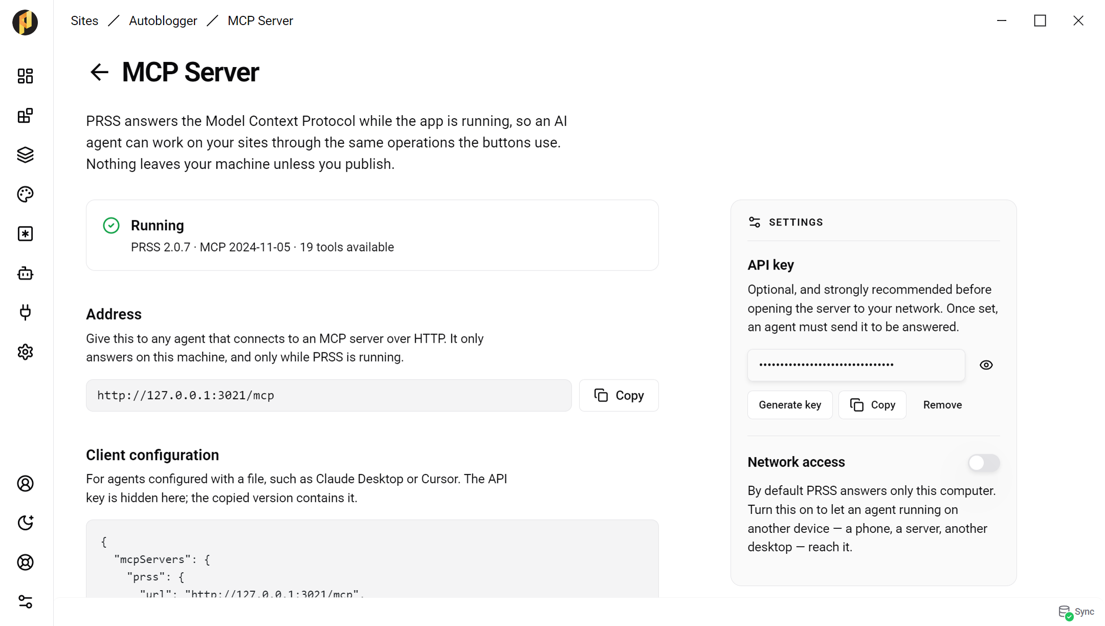 The MCP Server page in PRSS